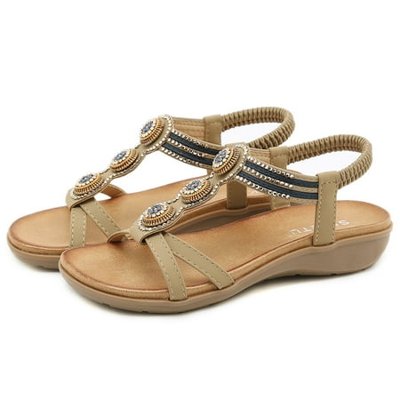 

ãYilirongyummã Beige 38 Sandals Women For Womens Sandals Sandals Roman Shoes Wedges Elastic Strap Studded Women s Sandals
