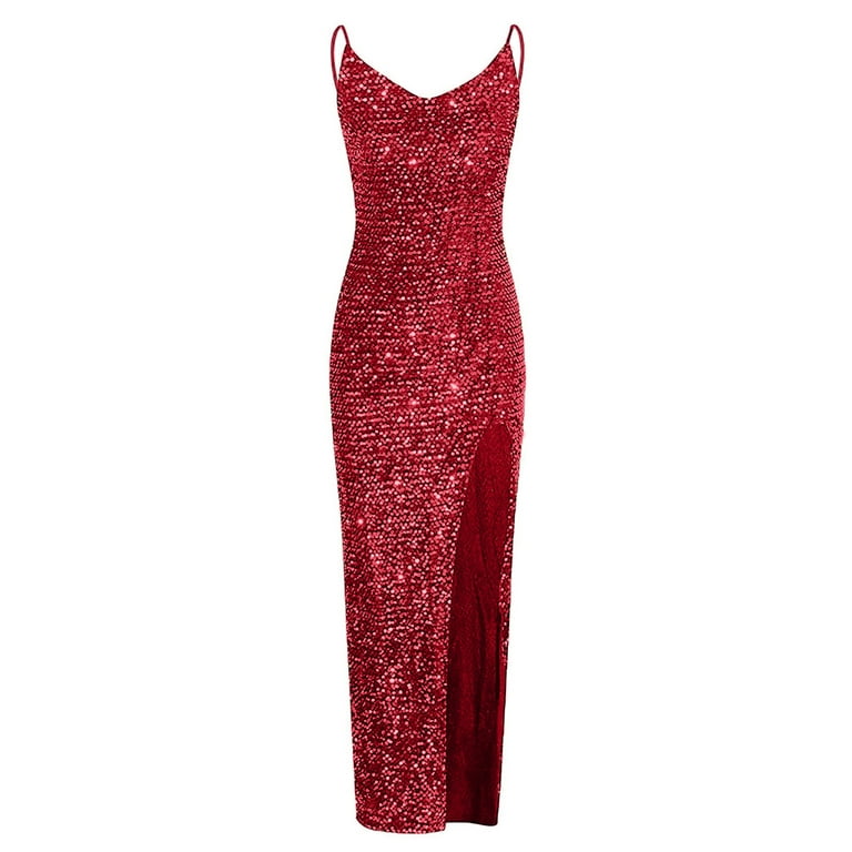 Jsaierl Sequin Dress for Women Off the Shoulder Sleeveless Maxi Dresses Sexy V-Neck Bodycon Side Split Prom Dress Evening Party Club Date Night