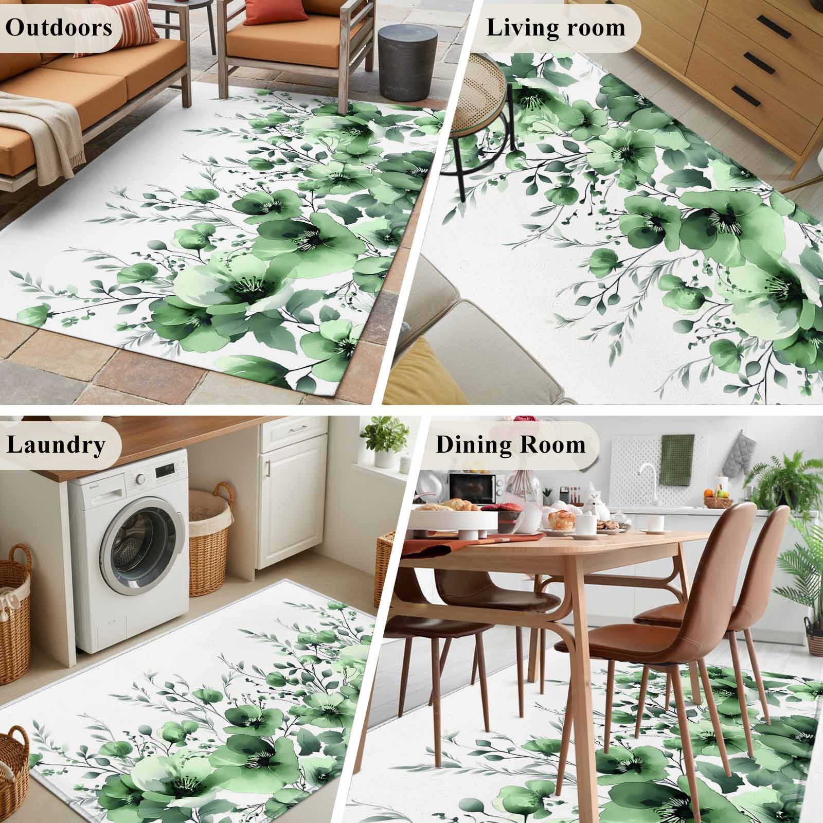 Area Rugs for Living Room Bedroom, Green Blooms Floral 4'x6' Rug Washable Carpet Runner Indoor Outdoor, Farmhouse Spring Flowers Botanical Non Slip Accent Floor Mats Rug for Kitchen, Office