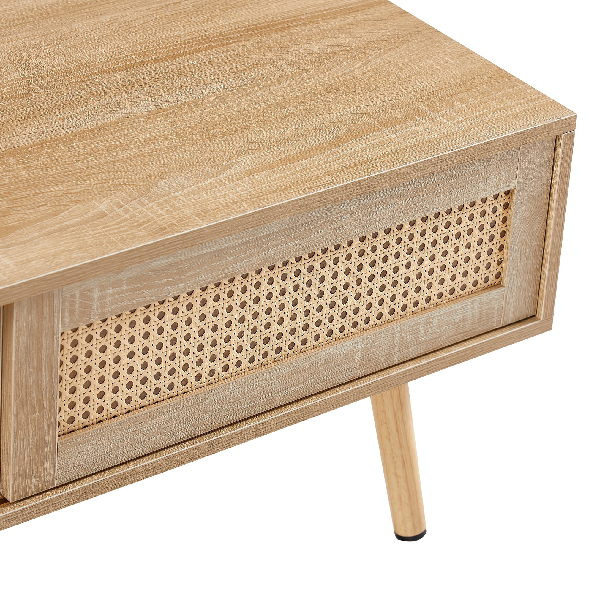 Coffee Table, Side Table, Console Table With Rattan Sliding Door Storage Solid Wood Legs Modern Design For Living Room Office, Natural MDF Table
