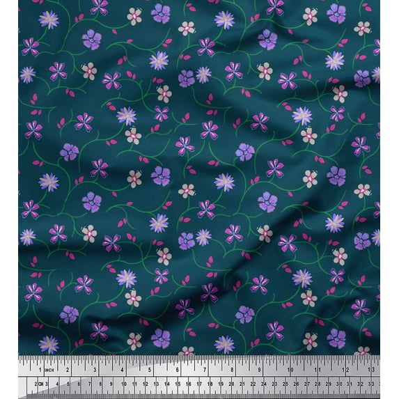 Soimoi Satin Silk Fabric Leaves & Floral Artistic Print Sewing Fabric Yard 42 Inch Wide