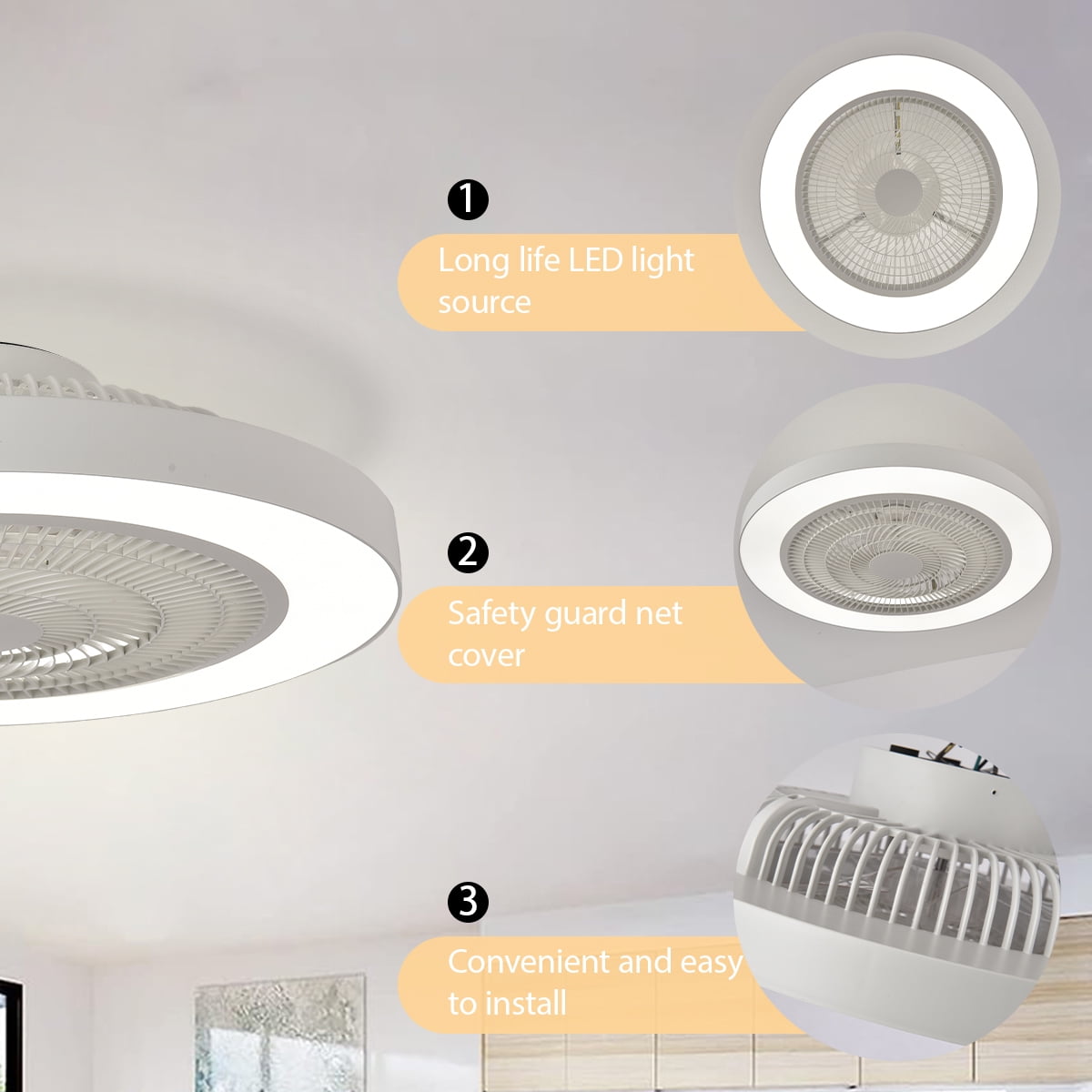 20 Inch Low Profile Ceiling Fan With Light, Led Bladeless Ceiling Fans, Remote Control Enclosed Flush Mount Ceiling Fan With Timming, 3000-6000K, 6 Wind Speed, 3000LM,White