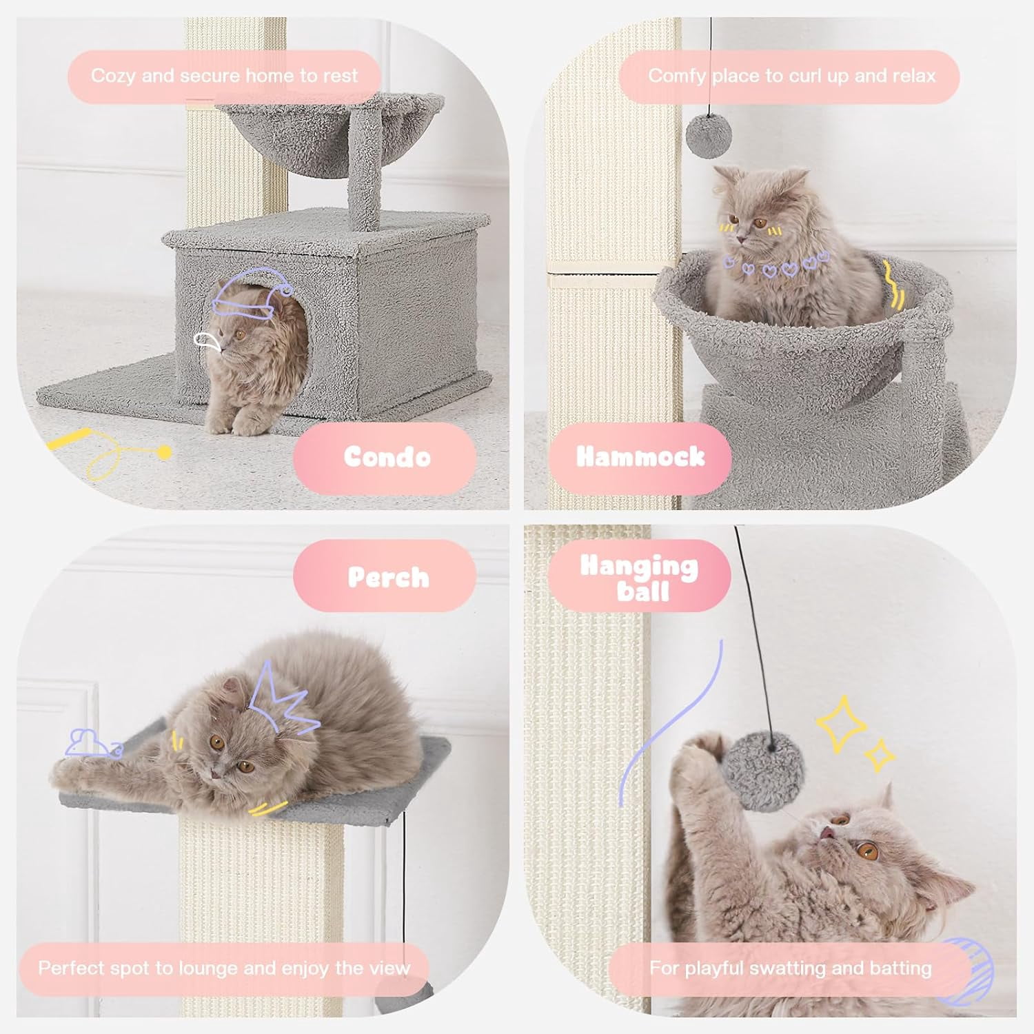 Cat Scratching Post with Perch, Sisal Cat Scratchers for Indoor Cats, Large Cat Scratching Post with Hammock & Fluffy Ball, 31 Inches Tall Cat Scratching Tower, Gray