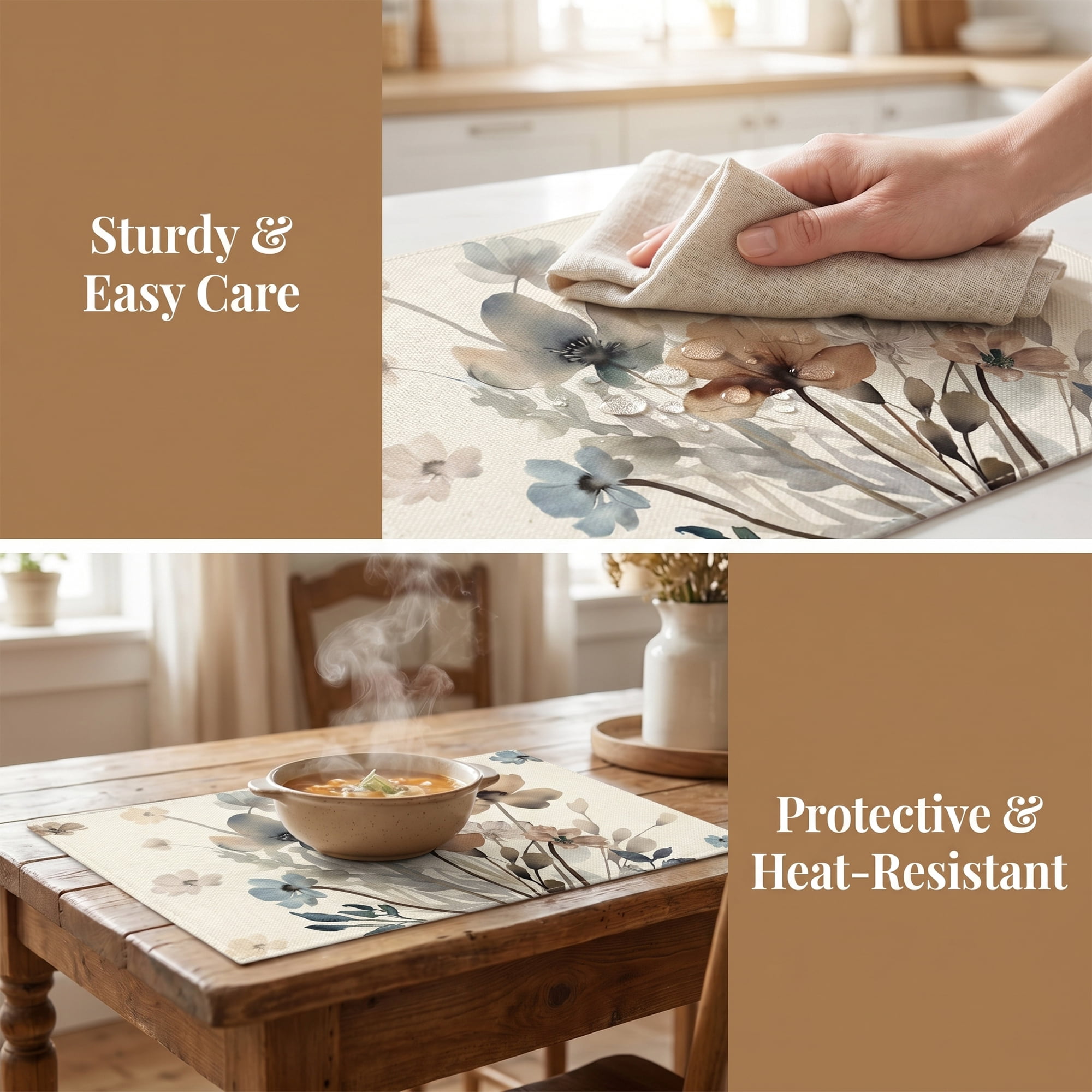 Unique Bargains Durable Farmhouse Placemats Set of 6 Linen Placemats Flowers A 18*12in