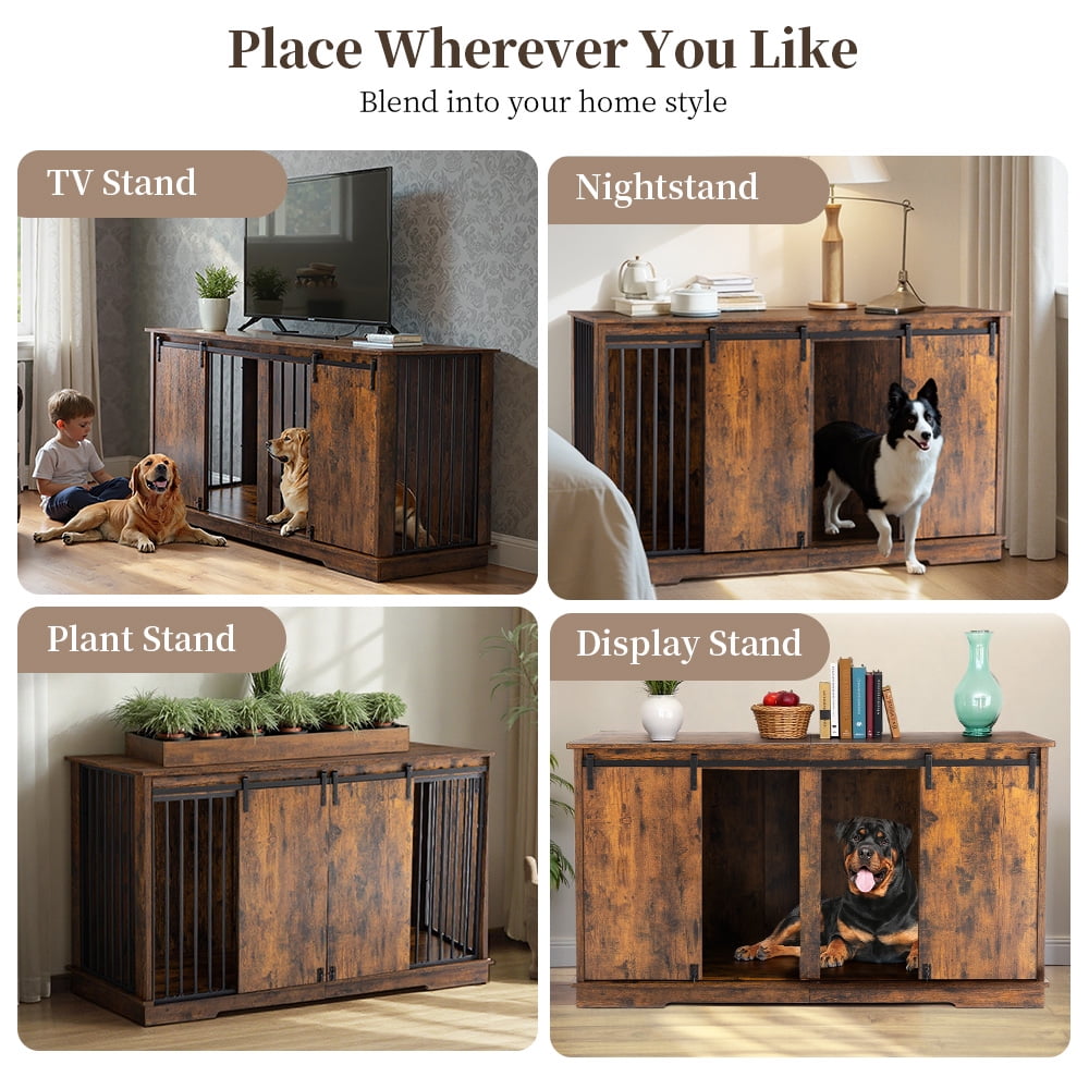 Double Dog Crate Furniture for 2 Dogs, DOMIPET Heavy-Duty Dog Kennel TV Stand with Divider and Sliding Doors, Large Dog Cage for Pet Cat Animals