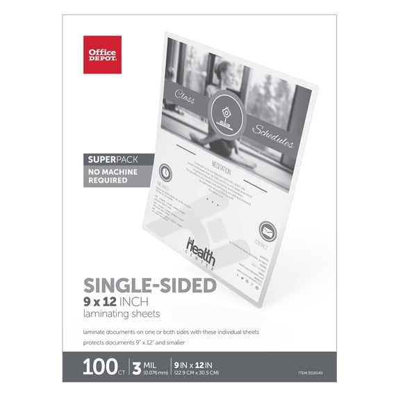 Office Depot® Brand Single-Sided Self-Sealing Laminating Sheets, 9" x 12", 3 Mil, Clear, Pack Of 100 Sheets