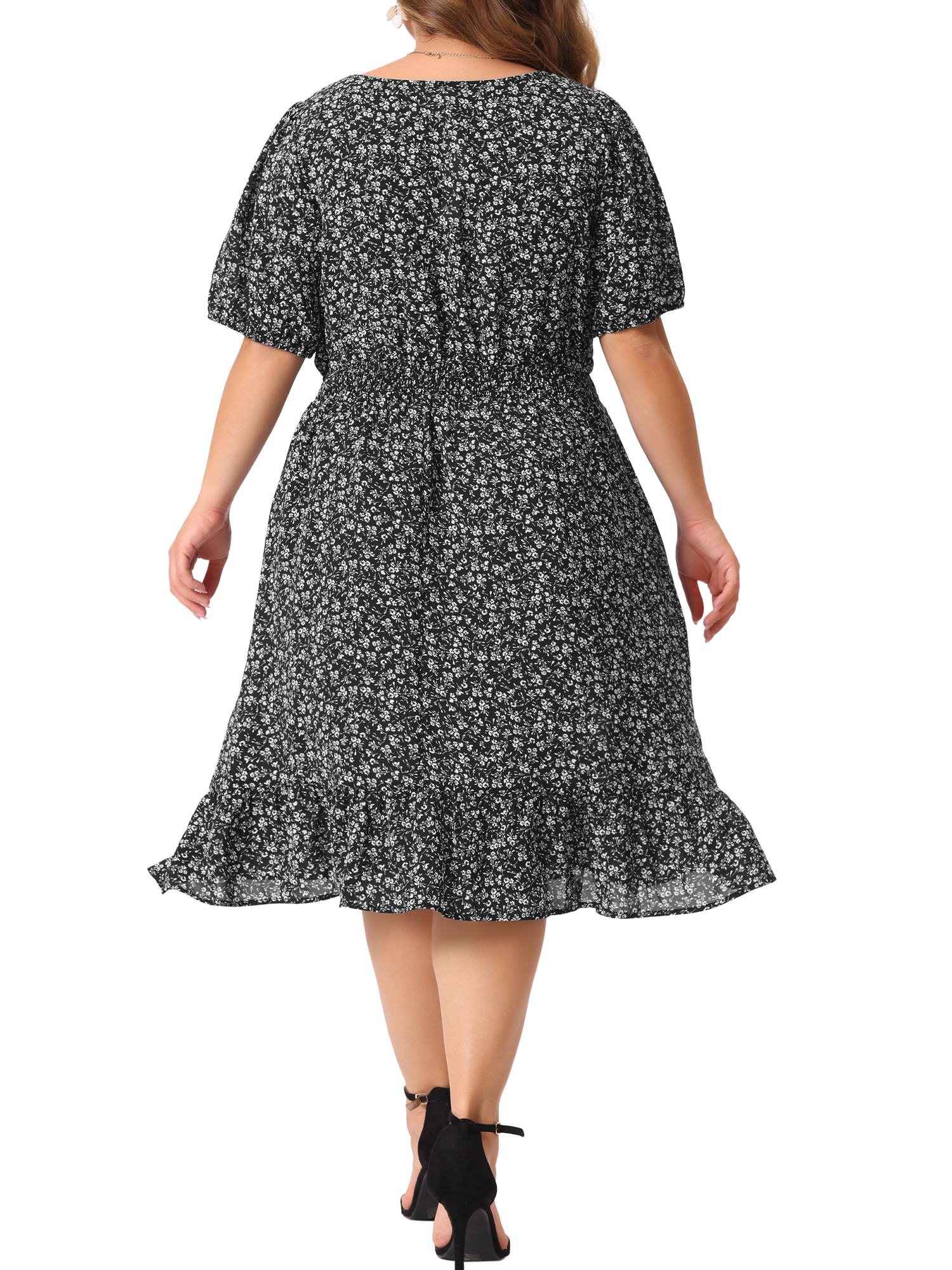 DARING DIVA Plus Size Midi Ruffle Hem Smocked Waist Floral Dress 3X Black White