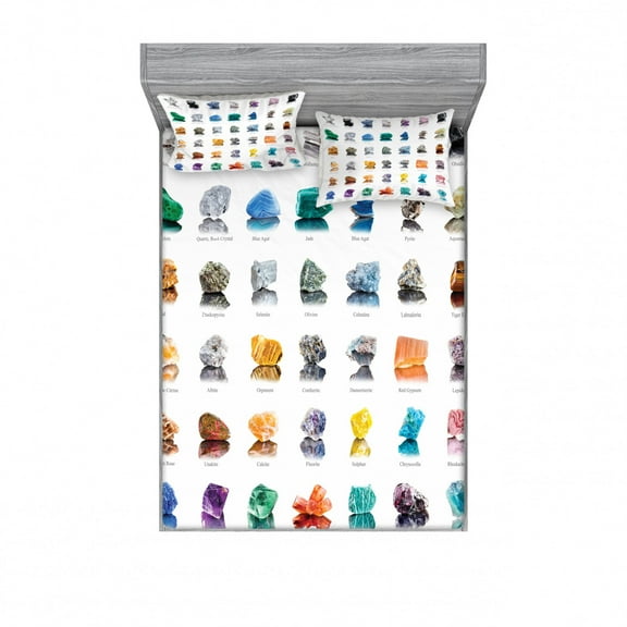 Gemstone Fitted Sheet & Pillow Sham Set, Composition of Gemstones with Names Tiger Eye Sulphur and Ruby Mineral Geology, Decorative Printed 3 Piece Bedding Decor Set, Full, Orange Teal, by Ambesonne