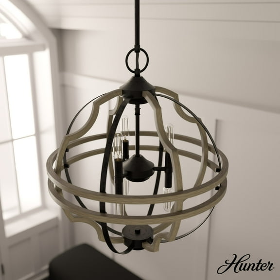 Hunter - Stone Creek 6-light French Oak, Large Pendant Light, Dimmable, Rustic Style, Sphere Shaped, for Bedrooms, Dining, Living Rooms - 19223