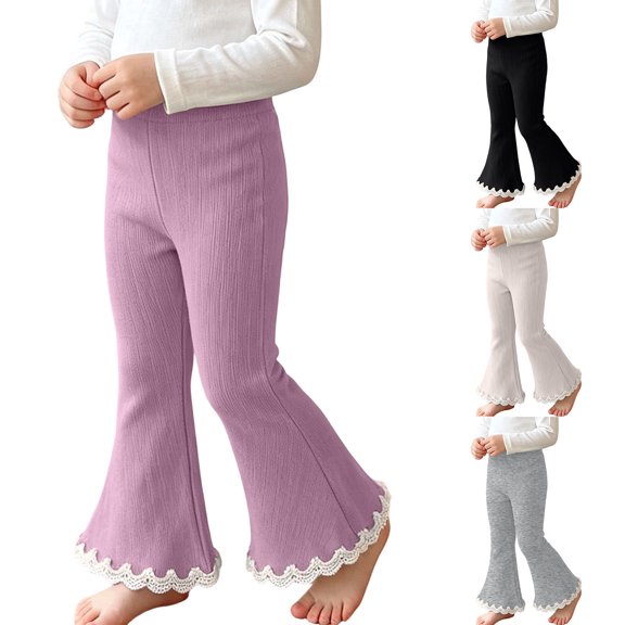 Spazoro Toddler Girls Knit Flare Pants with Lace Trim, Stretchy Breathable Trendy Elastic Waist Bootcut Leg Casual Trousers Purple Size 5T
