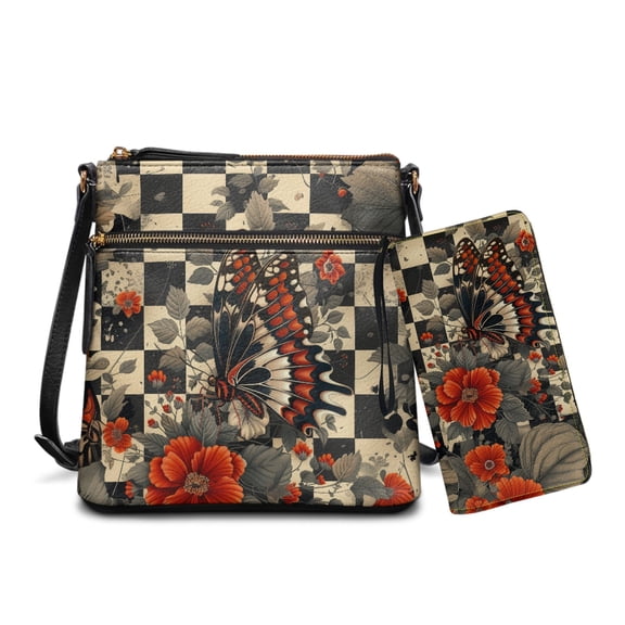 LedBack Checkered Butterfly Hobo Bag and Wallet Set for Women Lady, Leather Crossbody Satchel Purse and Wallet Set Multi Pocket Shoulder Messenger Purse with Adjustable Strap, Black
