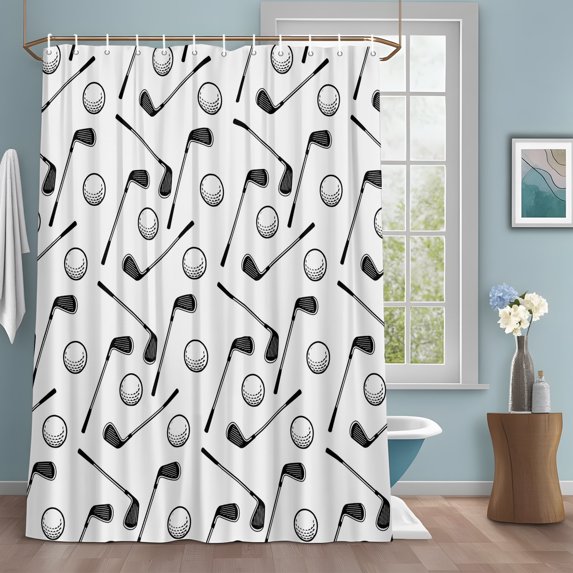 Golf Balls Shower Curtain Set with Hooks, Retro Sports Style Golf Poles Minimalist Modern Water Repellent Shower Curtains for Bathroom Decor Sturdy Shower Curtain, Machine Washable 60x72 Inch