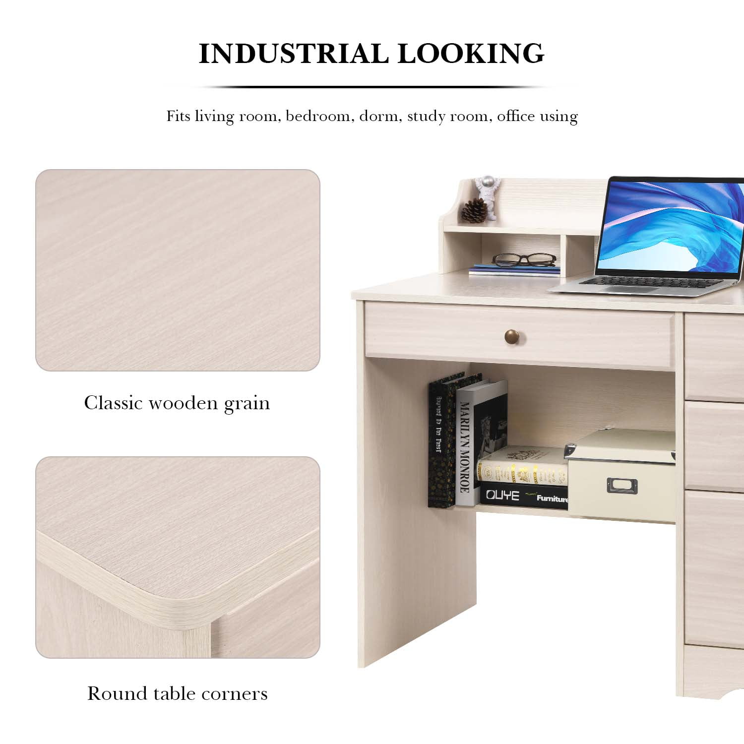 4 Ever Winner White Oak Wood Writing Desk with Hutch and Storage for Small Spaces