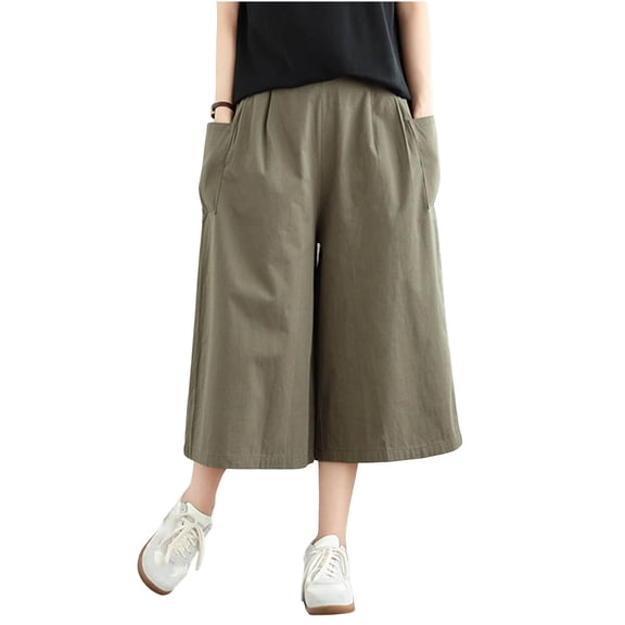 Women's Baggy Wide Leg Palazzo Capris Dressy Casual Cropped Gaucho Pant Pull On Solid Beach Culottes with Pockets