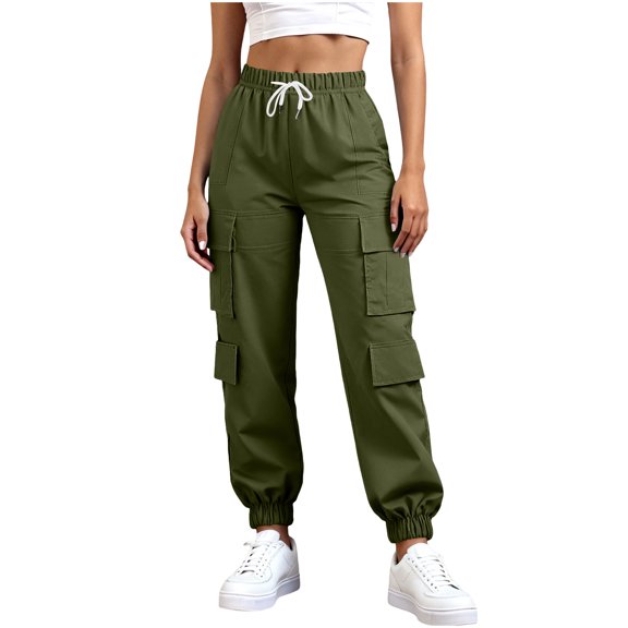 Rutainlusire Womens Trendy High Waist Comfy Hiking Cargo Pants Women'S Solid-Color Casual Straight-Button Pocket Work Pants