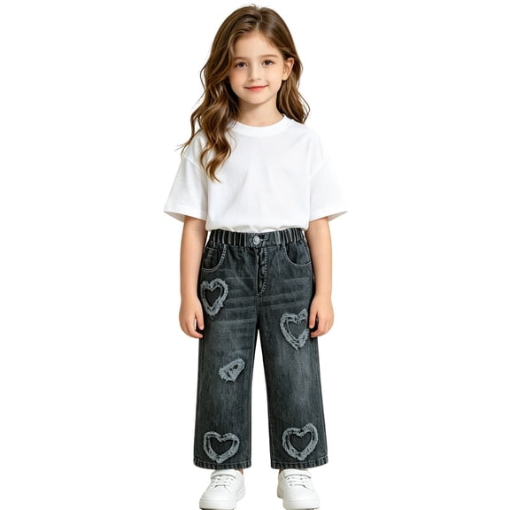 WOYY Toddler Girls Elastic Waist Jeans Straight Leg Denim Pants with Hearts Patches, Black