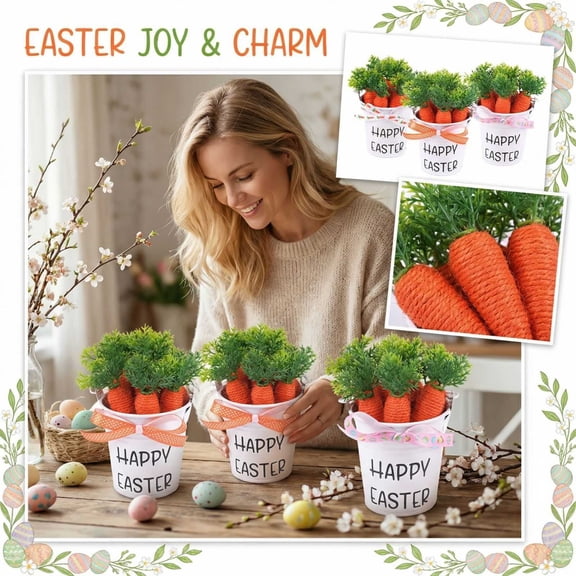 4PCS Tabletop Metal Easter Carrot Pot Decor 5.12in Happy Easter Spring Desk Shelf Decorations Farmhouse Home