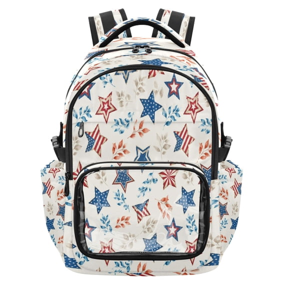Qxltty Usa Star Leaf Print Backpack School Bookbag with Clear PVC Front Pocket, Laptop Compartment, Water Resistant Travel Daypack for Students