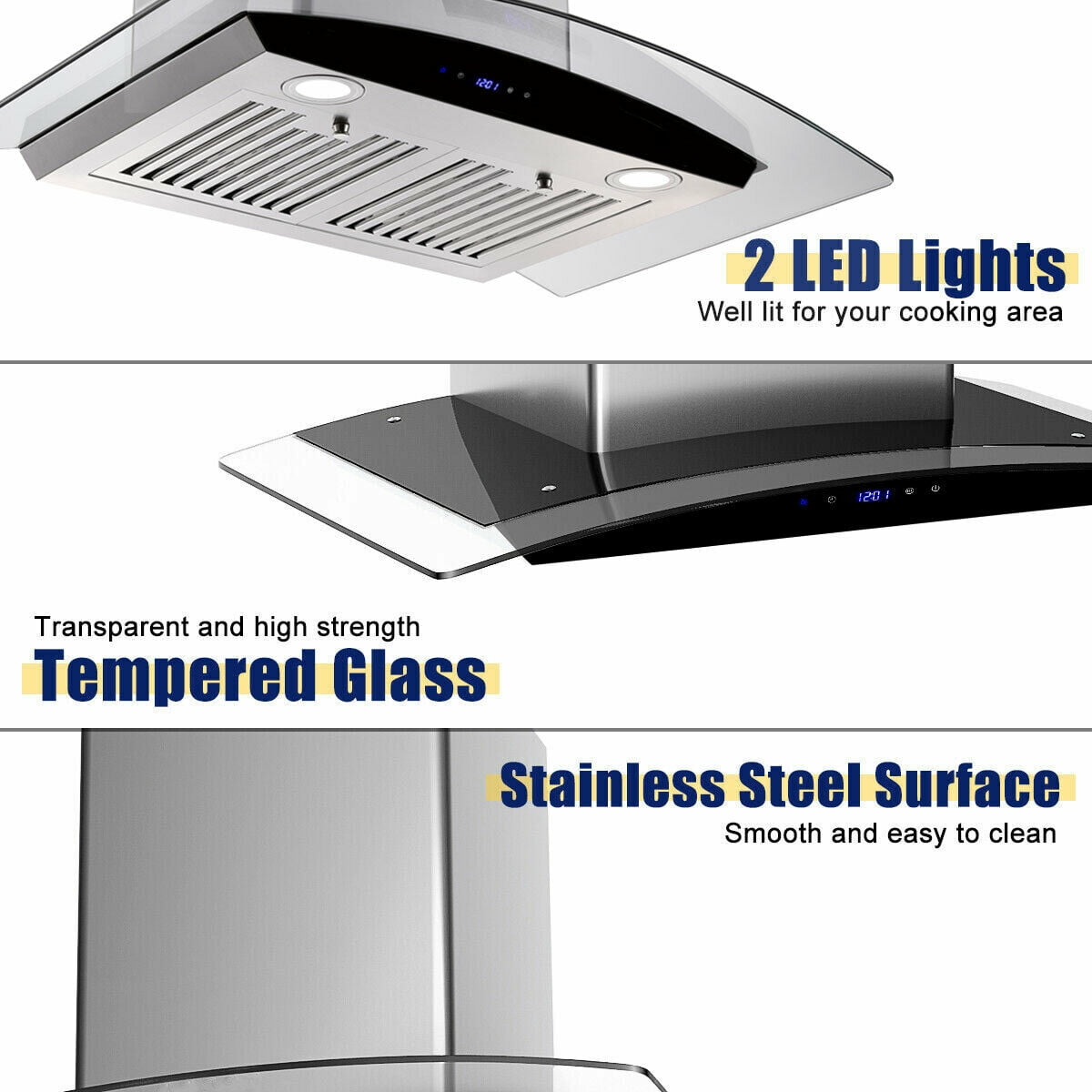 Tieasy 30 inch Wall Mount Range Hood Stainless Steel 700 CFM Black Touch Panel Kitchen Vent Fan