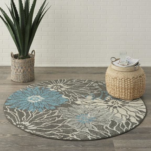 Nourison Passion Floral Charcoal/Blue 4' x ROUND Area Rug, (4 Round)