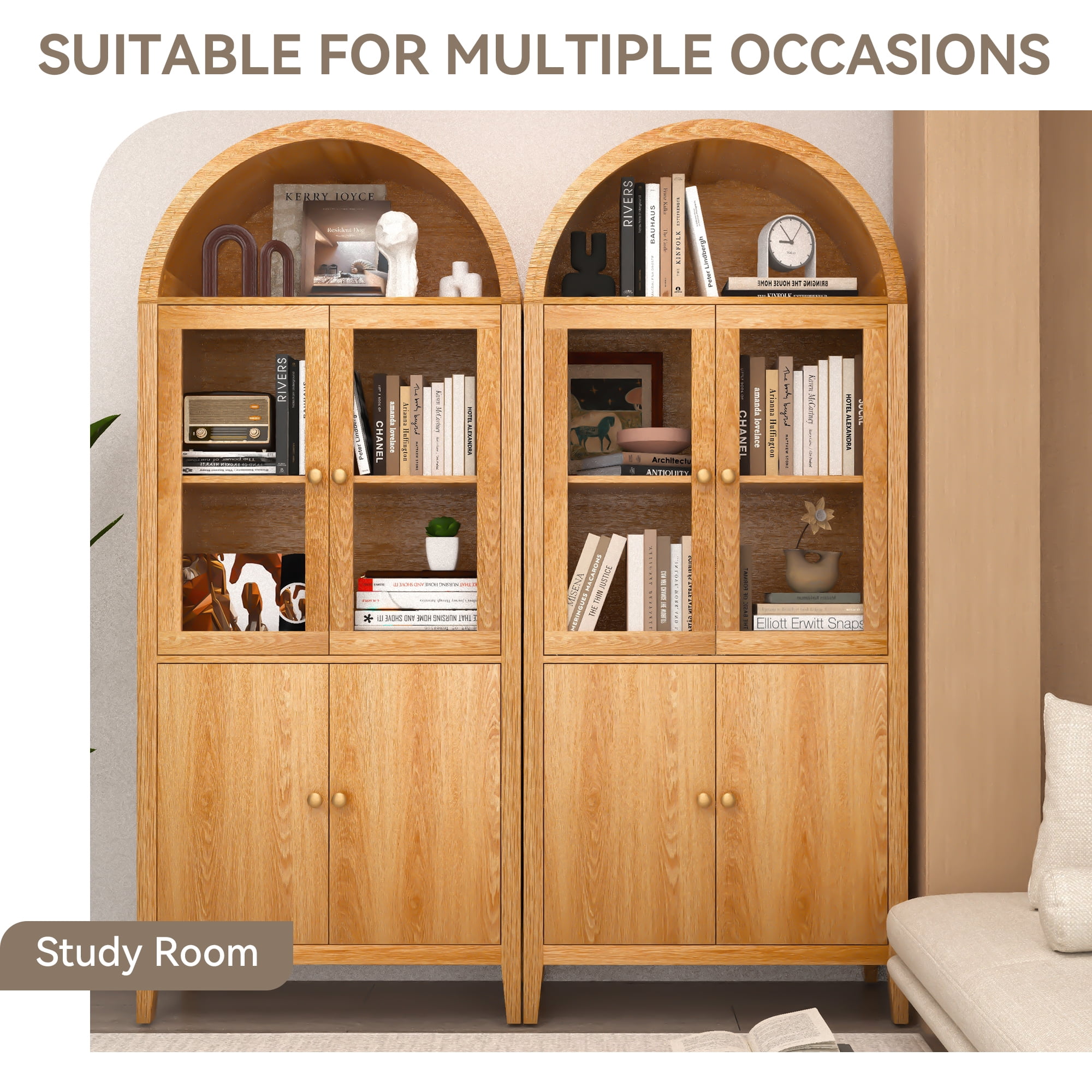 Eunon Tall Arched Pantry Storage Display Cabinet,Arched Storage Cabinet With Doors Retro Oak