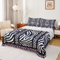 Homewish Teens Animal Leopard Zebra Print 3pcs Twin Sheet Sets,Black Pink Purple Twin Fitted Sheet,Abstract Geometric Stripes Breathable Flat Sheet,Microfiber Bedroom Decor