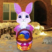 GOOSH 5 ft Tall Easter Inflatable Decorations Party Bunny with Basket and Colorful Easter Eggs with Build in LEDs, for Easter Holiday Party Indoor, Outdoor, Yard, Garden