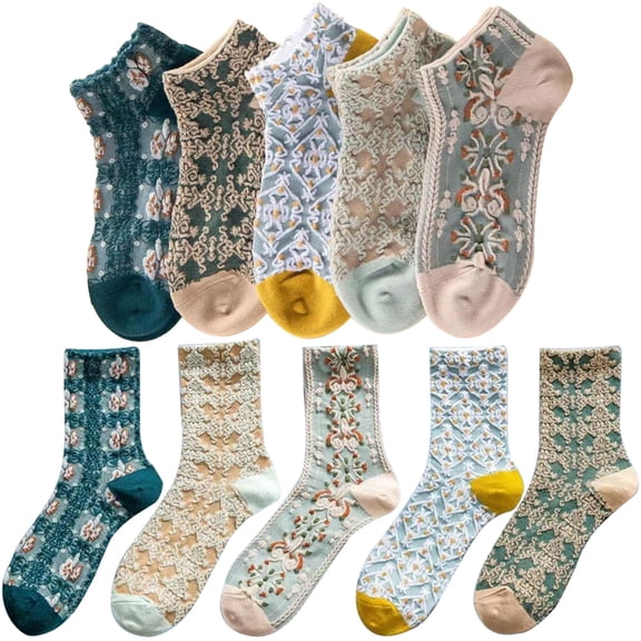 Floral Socks 5 Pairs Tube  Socks and 5 Pairs Short Vintage Socks, Soft and Breathable Embroidered Womens Socks