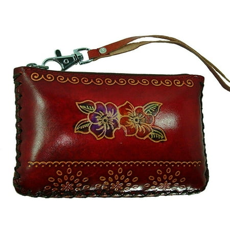 Metallic Embossed Wristlet (hand made leather change/coin purse, rectangle shape, lovely flower embossed, a mini wristlet wallet, collectible.)