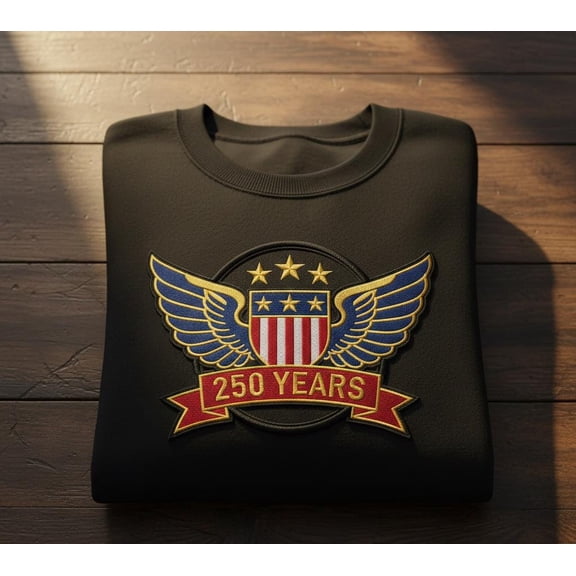Patriotic 250 Years USA Shield and Wings Sweatshirt with Stars Embroidered American Heritage Design