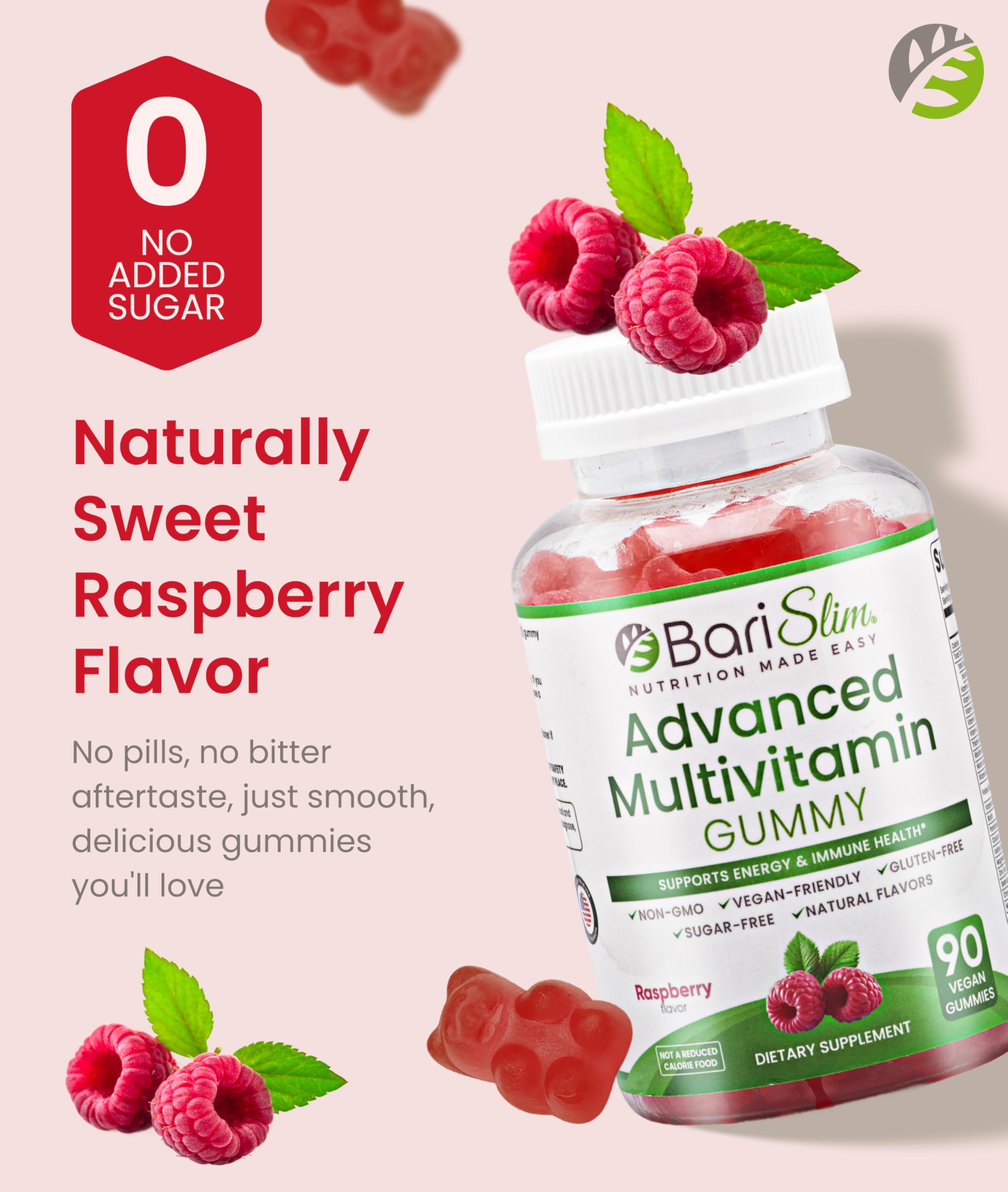BariSlim Multivitamin Gummies, Immune &  Nutrient Deficiency Support, Raspberry Flavor, 90 Count, 10.6 oz, Adult