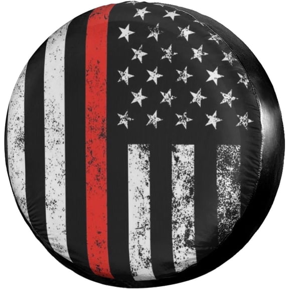 USA Patriotic Firefighter Thin Red Line Flag Spare Tire Cover Dust-Proof Wheel Tire Cover Fit Trailer, RV, SUV and Many Vehicle