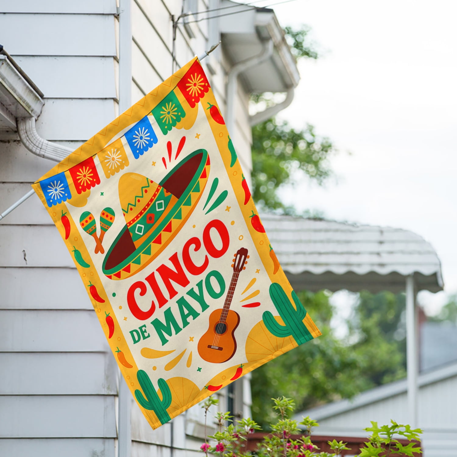 America Forever Cinco de Mayo Sombrero House Flag, 28 x 40 inch Double Sided, Mexican Fiesta Banner, Guitar Maraca Papel Picado Celebration Outdoor Yard Decorations