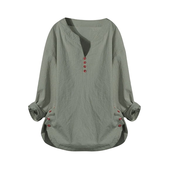 Womens Long Sleeve Shirts V Neck Side Button Loose Cotton Linen Long Sleeve Blouses Oversized Tshirts for Women