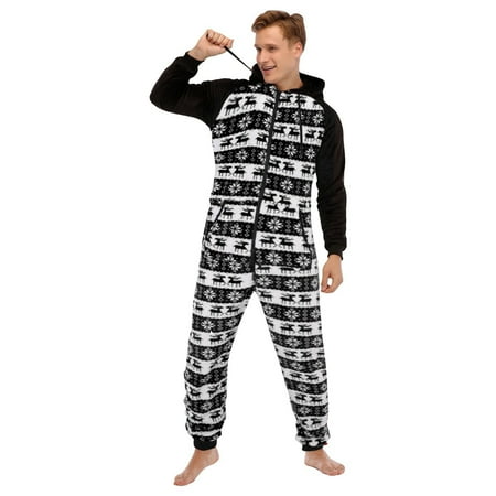 

Mens Pajamas Set Long Sleeve Flannel Christmas Printed Jumpsuit Zipper Hood Pyjamas Nightwear