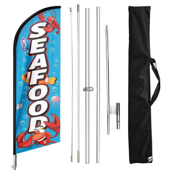 Seafood Feather Flag with Flag Pole Kit and Ground Spike, 11FT Windless Flag Banner Sign Business for Indoor Outdoor Advertising Flag
