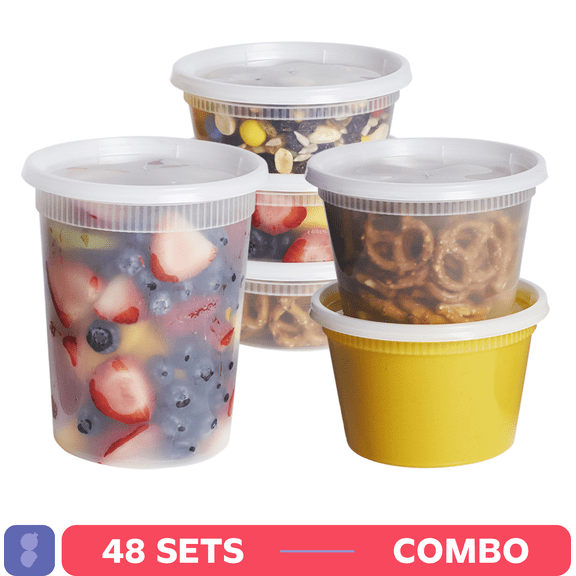GUSTO Plastic Deli Containers with Lids 48 Set, 8oz 16oz 32oz Food Storage Containers, Leakproof, BPA Free, Microwave Freezer Dishwasher Safe for Soup, Meal Prep Containers