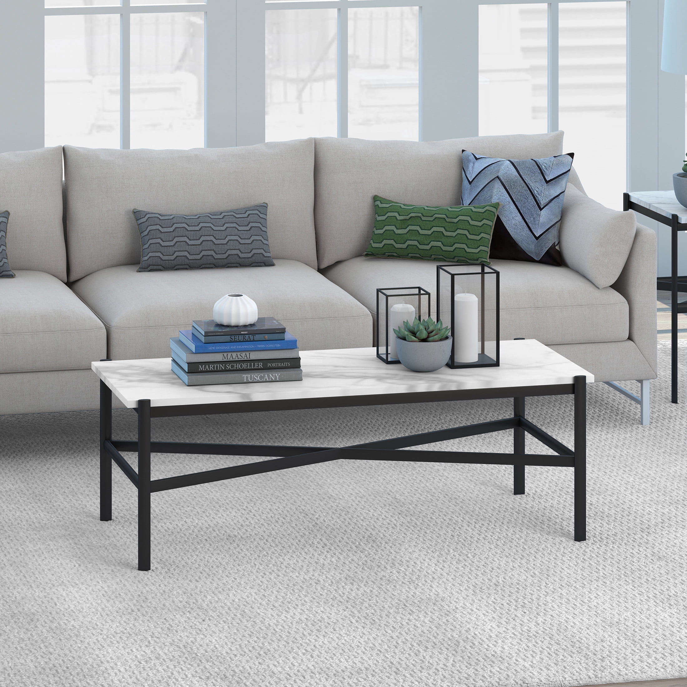 Evelyn&Zoe Metal Marble Coffee Table in Black and Bronze