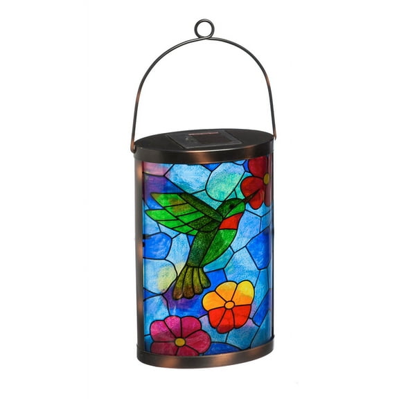 Evergreen Solar Lantern, Tiffany Inspired Hummingbird, 6'' x 3.8'' x 14.8'' inches.
