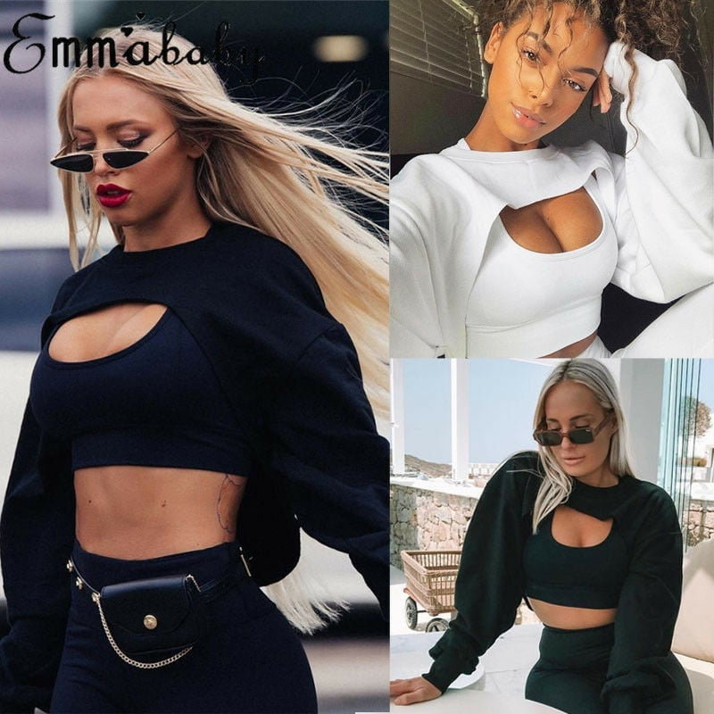Femmes Sweat Shirt Pull Crop top Manteau Sport Pull Tops Blouse Unie Walmart