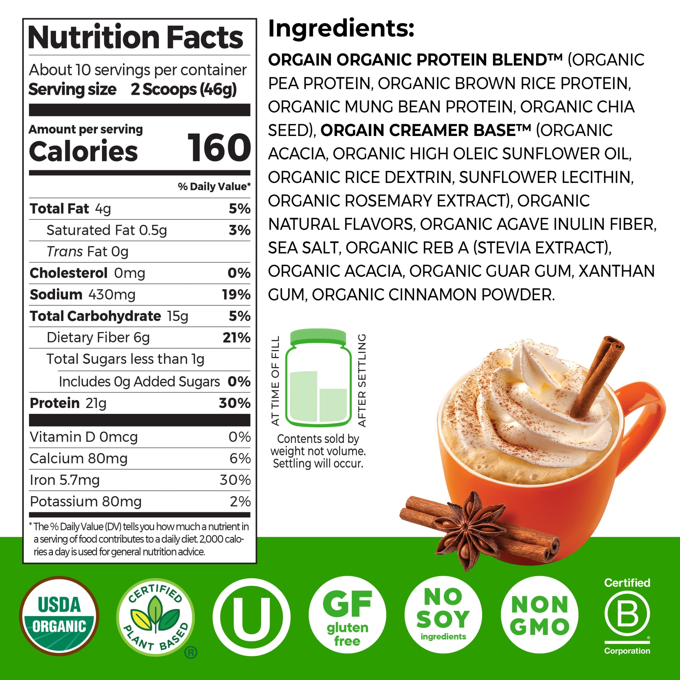 Orgain Organic Vegan 21g Protein Powder, Plant Based, Pumpkin Spice 1.02lb