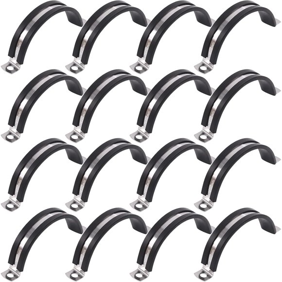 shiyou-Glarks 16Pcs 50MM 2 Hole U-Tube Strap Clamp Set 304 Stainless Steel Rubber Cushion Rigid Pipe Strap U Bracket Tube Strap Assortment Kit For Pipe Tube Fixing (50mm)