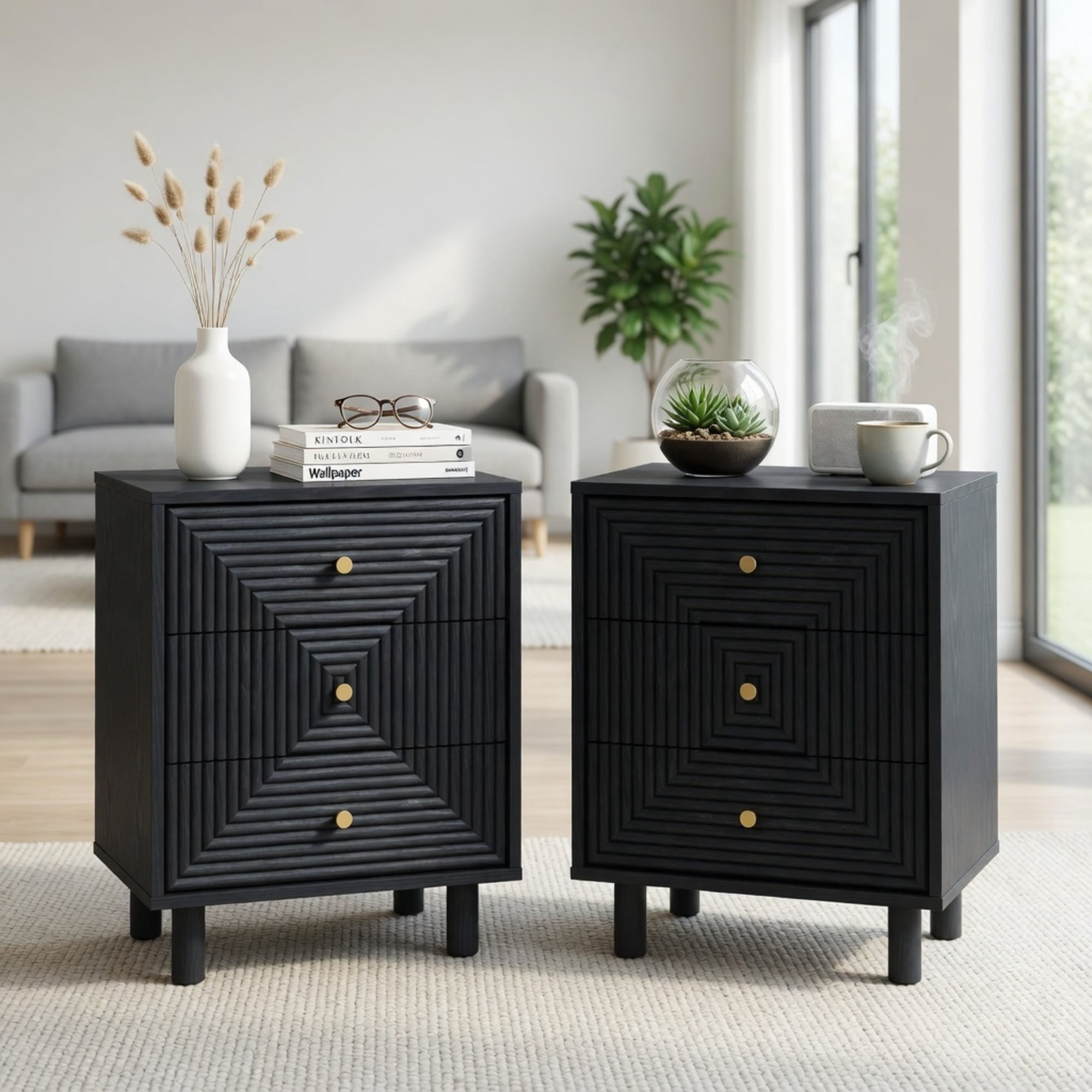 18.7 Inches Width Black 3 Drawer Nightstand - Modern Wood Chest with Solid Legs