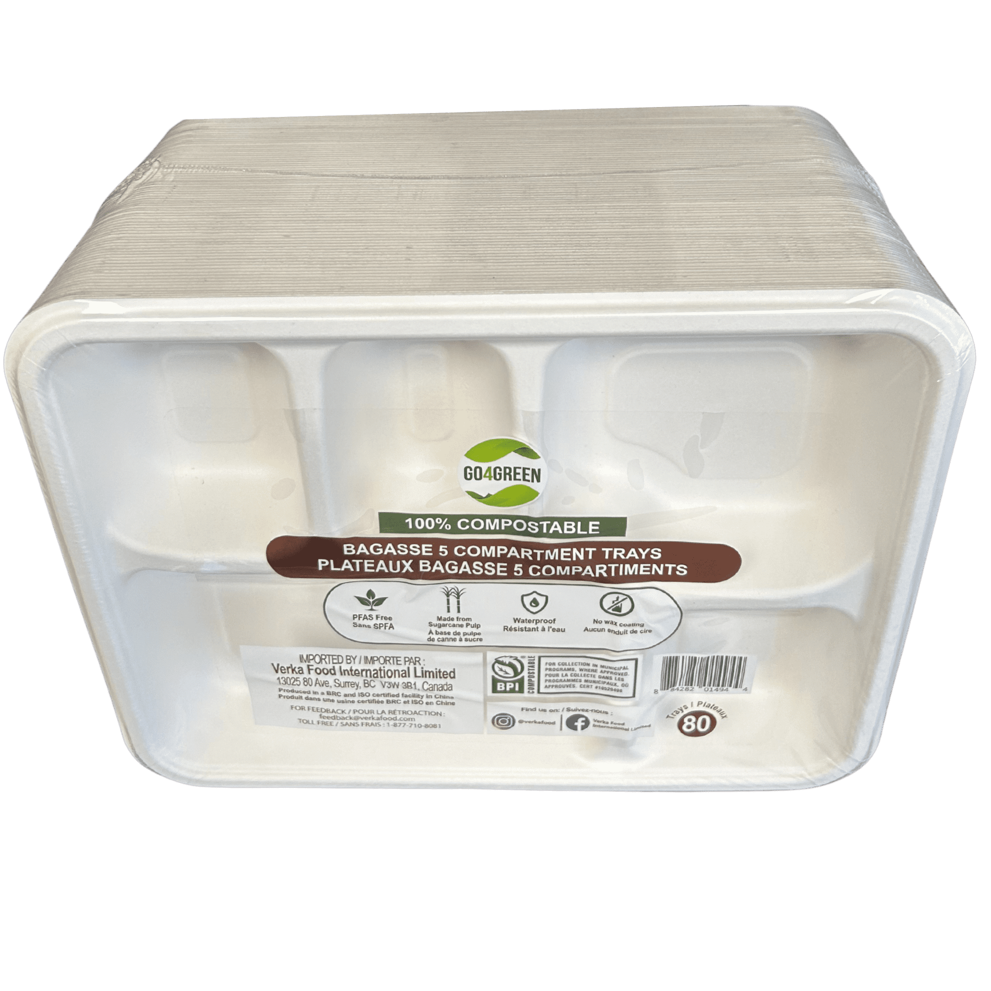 Verka Go4Green Plateaux Bagasse 5 Compartiments 80 pièces