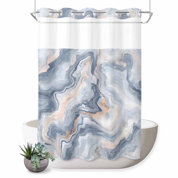 No Hook Shower Curtain with Built-in Rings - Gray Slate Blue Washable Waterproof Fabric Bathroom Curtains for Hotel,Rentals, Stall 48 X 72 Inch , Abstract Marble Textured