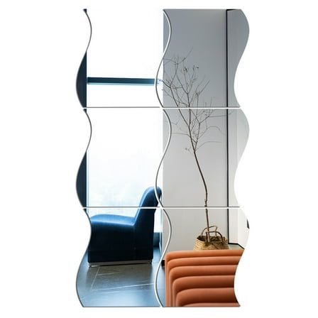 6-Pack Silver Wave Mirror Wall Decals, Self-Adhesive Peel & Stick Wall Mirrors for Living Room, Bedroom, TV Background, Home Decor (16.5x19 cm)