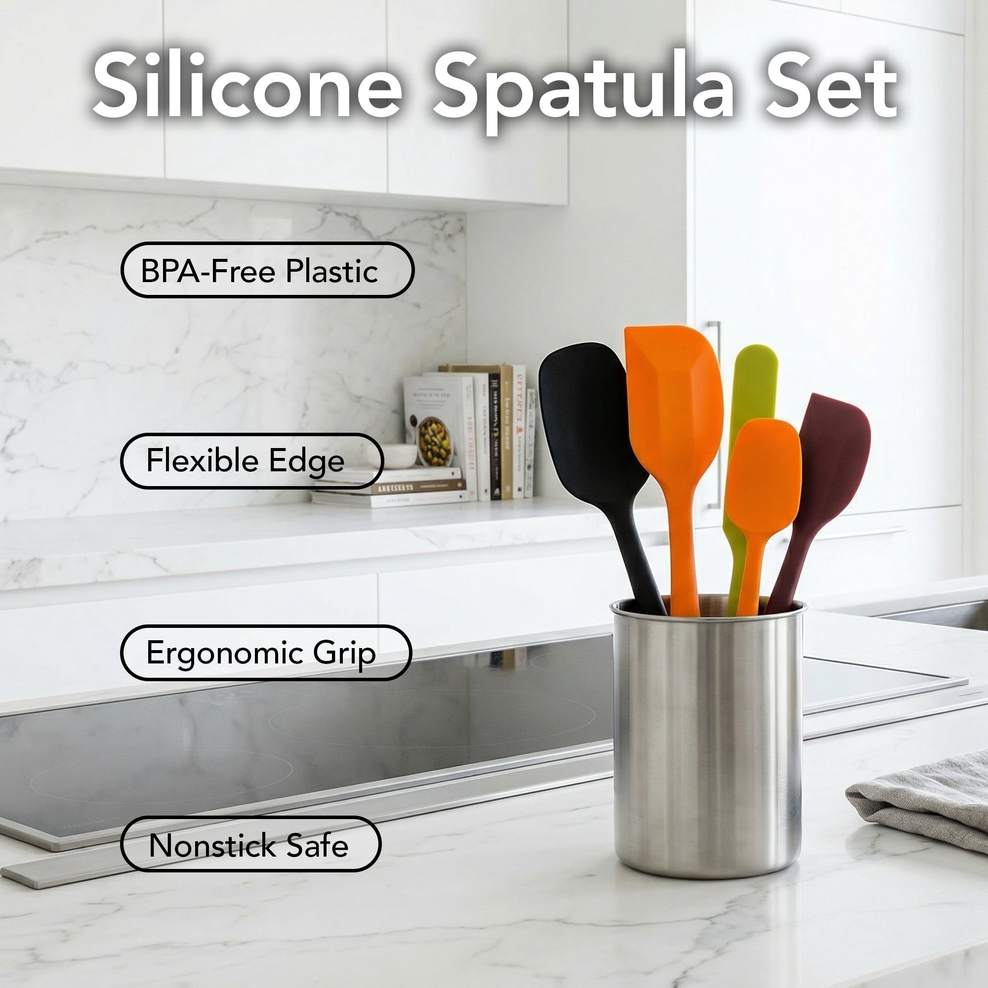 OVENTE Silicone Spatula Set of 5, Heat Resistant, Multicolor SP12305LBGOPR | Food Grade Rubber Spatula, BPA-Free and Dishwasher Safe, Nonstick Kitchen Utensils for Baking, Cooking and Mixing