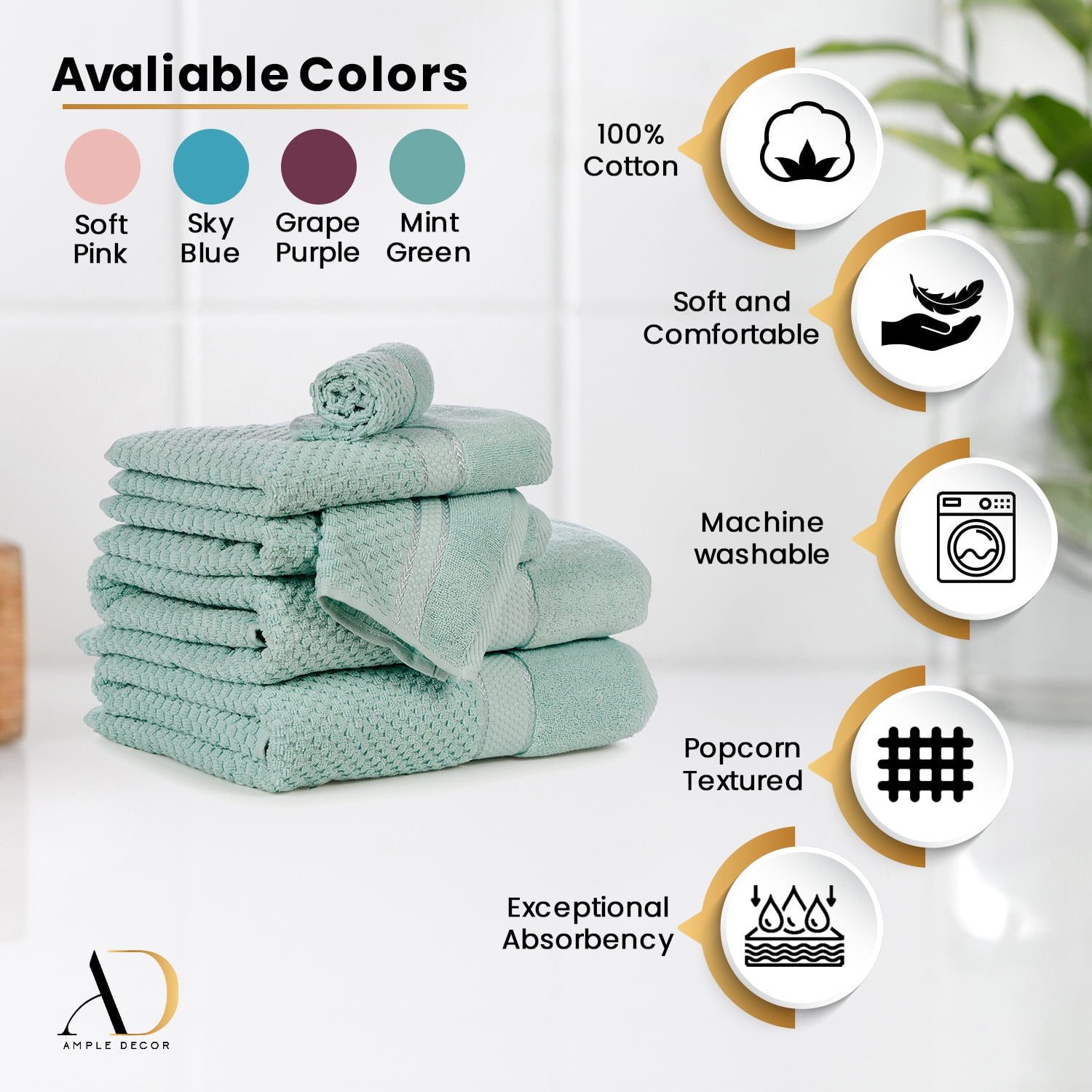 Ample Decor 100% Cotton Hand Towel Set of 4 Mint Green, Popcron Textured - 18 X 28 Inch