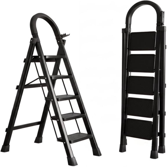 innhom 5-Step Folding Ladder - 330 lbs capacity, sturdy steel frame construction, wide non-slip steps and top handrail, versatile lightweight folding ladder, black