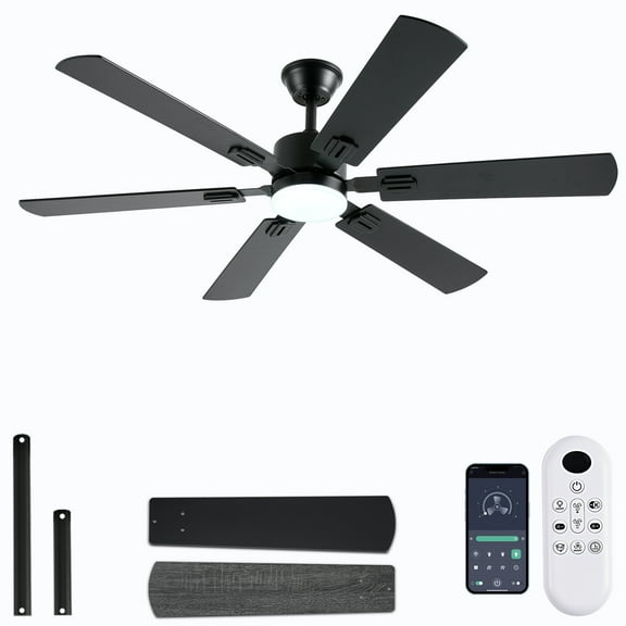 56inch Modern Black Ceiling Fans with Lights and Remote/App Control, Dimmable LED, Reversible DC Motor, Noiseless, 6 Speeds,6 Pieces Blade Low Profile Ceiling Fan for Livingroom Indoor/Outdoor Use